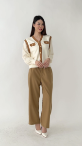 QUEENTIN Cardigan Wanita Rajut 6903 Mix Knit Motif Salur Kombinasi Sifon Polos Lengan Panjang