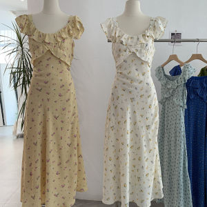 Váy Dài Chữ a Họa Tiết Hoa Kiểu Pháp Cho Nữ Mùa Hè Cổ Chữ U Váy Midi Thon Gọn Xếp Ly Ren Chất Liệu Polyester