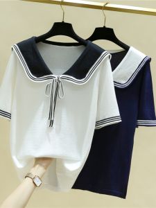 plus Size Ice Silk Knitted Top Women Summer Fashion Short Sleeve Navy Collar Loose Fit T-Shirt Cover up Casual Wear Butterfly Knot