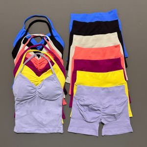 2 Piece Histello Sports Set Women Longline Strappy Top Seamless Yoga Tank Scrunch Butt Workout Shorts Suit Gym Sports Sets