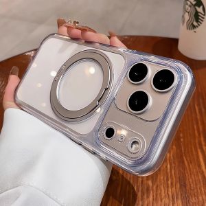 Matte Rotating Bracket Holder Magnetic Phone Case For iPhone 17 16 15 14 13 Pro Max For Magsafe Ring Stand Shockproof Back Cover