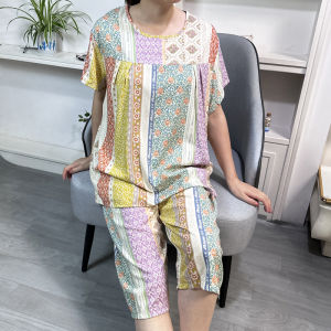 New Arrival Middle-Aged Ladieswear Cotton Silk Pajama Clothes Cropped Pants Suit Plus Size Summer Mom Season Short Sleeve Artificial Cotton Cotton Silk Home