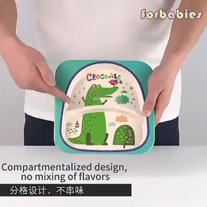 Kids Dinnerware Set Natural Bamboo Fiber 5 Piece Feeding Set With Plate Bowl Safe & Colorful Dining For Kids
