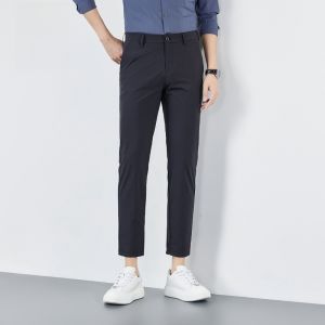 ROMON | Romon Mens Slim Fit Casual Pants Summer Thin Straight Leg Business Fashion Elastic Ice Silk Nine-Tenths Pants