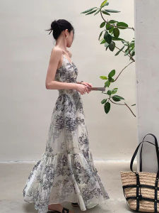 Retro Ink Painting Open Back V-neck Strap Dress Womens Summer Vacation Stylish Waist-Tight Slimming Long Dress