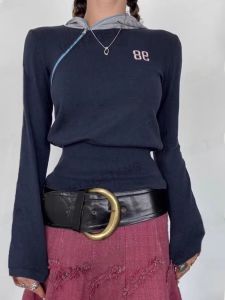 เสื้อสเวตเตอร์ถักคอวีมีฮู้ดสำหรับผู้หญิง Vintage Tang เสื้อสเวตเตอร์ถักแขนยาวทรงสลิมฟิตสไตล์วินเทจสุดเท่