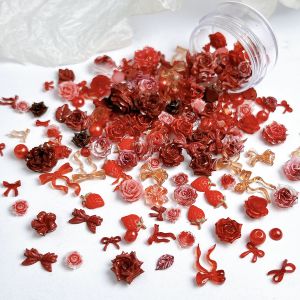 Random Mixed Creative Strawberry Leaf Resin Nail Art Decorations Multi-style Bow Flower Red Series Nail Charms DIY Rings Nails