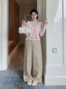 VKSOD | Casual Lace Splice Two-Way Wear Slim Fit Top High Waist Wide Leg Pants Women Early Autumn Small Size Matching Set Long Sleeve T-Shirt