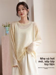 MiiOW | Áo thun dệt kim màu vàng MiiOW cổ tròn tay dài dáng rộng thoáng khí chống tia UV cho nữ mùa hè 2025