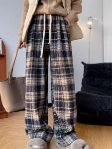 High Waist Wide Leg Plaid Trousers Womens Loose Fit Floor Length Drapey Straight Leg Pants Comfortable Casual Trousers