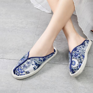 Handmade Cotton Slippers Flat Heel Womens Slippers Home Comfortable Anti-Slip Floor Slides Traditional Chinese Artistic Style