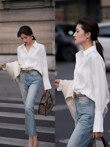 เสื้อเชิ้ตผู้หญิงสีขาว OL ทรงหลวมแขนยาวสไตล์เกาหลีฤดูใบไม้ผลิและฤดูใบไม้ร่วง ผ้าไนลอนผสมโพลีเอสเตอร์ คอกลม ทรงตรง