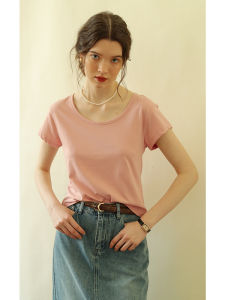 Spring Summer New Pink Short Sleeve Pure Cotton round Neck T-Shirt Womens Shoulder Length Top Slim Fit Straight Cut T-shirt