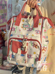 Cute Japanese Style Dual Shoulder Bag Handheld Korean Version High School Female Student Backpack Trendy Bookbag Nylon Material Zipper Closure Cartoon Pattern