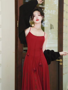 ชุดแต่งงานสไตล์ฝรั่งเศส ชุดเดรสสีแดง ชุดสองชิ้น สายเดี่ยว คาร์ดิแกน ชุดเจ้าสาว ชุดเดรสยาวคลุมเข่า ทรงเอ กระโปรงทรงเอ