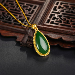 ZHOU LIU FU 周六福 999 24K Solid Gold Pendant for Women Real Pure Gold Green Nephrite Jade Jewelry Dainty Drop Pendant for Men Teen Girls (Not Include Necklace) AAYB042681