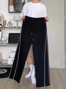 GE Mens Casual Loose Fit Wide Leg Pants Black Straight Leg Sports Trousers with Side Stripes