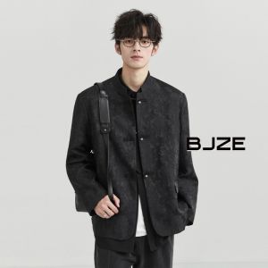 BJZE Mens Loose Fit Jacket with Dark Pattern Embroidery Stand Collar Button up Chinese Style Outerwear for Autumn Season