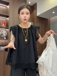 Áo Sơ Mi Ren Rỗng Kiểu Pháp Cổ Điển Mùa Hè 2025 Cho Nữ Dáng Rộng Tay Không Tay Cổ Tròn Màu Trơn Chất Liệu Khác