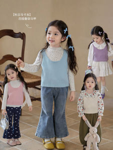 Girls Knitted Sleeveless Vest Pure Color Base Layer Overhead Shirt Early Autumn New Style Childrens Clothes Inner Match Outerwear