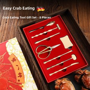 MONLEYTA | Large Size 304 Stainless Steel Crab Cracking Tool Set Metal Pure Silver God Tool For Eating Crabs Home Use Eight-Piece Set