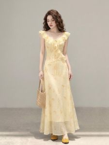Chiffon Flared Yellow Printed Dress