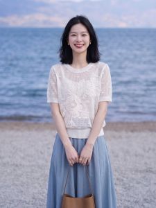 Basic House | Elegant White Lace Embroidery Thin Short Sleeve Knit Top