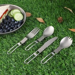 Ngoài trời Titan nguyên chất dĩa gấp Bộ muỗng cắm trại Titan Nhẹ salad muỗng nĩa dễ dàng để lưu trữ đồ dùng du lịch