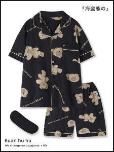 Cute Bear Cartoon Pure Cotton Short Sleeve Sleepwear Womens Home Clothes Summer New Style Black Couple Student Mens Home Suit