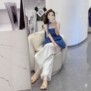 VKSOD | Retro Korean Design Plaid Strap Top Women Summer High Waist Slimming White Wide Leg Pants Two Piece Set Casual Style Summer Wear