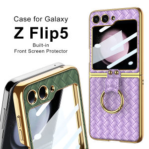 Weave Embossed Z Flip 5 6 7FE Leather Case Phone Cover Ring Holder Gold Accent Samsung Galaxy Z Flip 6 Casing Screen Protection Anti-Drop Durable Hard PC Case with Tempered Glass