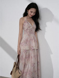 Pink French Style Long Dress LKONE Misty Flowers Sleeveless Neck Hanging Backless High Waist Summer Gown V-Neck Print Zipper