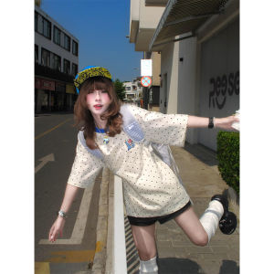 XIANGBAIWEI | American Color-block Polka Dot Print Sweet Loose Versatile Short Sleeve T-shirt