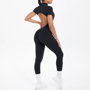 Short Sleeved Fitness Jumpsuit for Woman Bodysuits Backless Solid Color Scrunch One-Piece Suit Half Zipper Gym Yoga Sets Womens