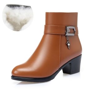SHIPAILUO | Winter Warm Anti-slip Short Boots Mid-Heel Wool Cotton Fleece Lined Large Size Ladies Genuine Leather Shoes Sweet Style Low Tube