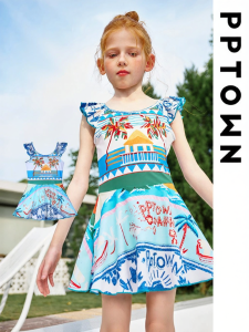PPTOWN | Sleeved Sun-Protective Dress Style Girls Swimsuit