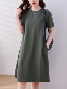 plus Size Casual Short Sleeve T-Shirt Dress French Style A-Line Midi Dress Women Flattering Loose Waist-Cinching Slimming Dress