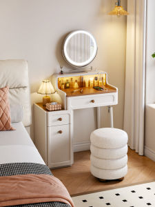 ZUNTONGGE | Compact Wooden Makeup Vanity Rotatable Circular Mirror Bedside Storage