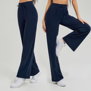 High Waist Wide Leg Gym Lounge Pants Breathable Spandex/Nylon with Side Pockets Solid Color Drawstring Closure