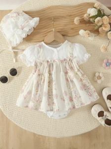 2026 Spring Toddler Romper Clothing 0-2Y New Baby Girls Bodysuit Floral Long Sleeve Dress with Lace Hat Sibling Matching Outfits