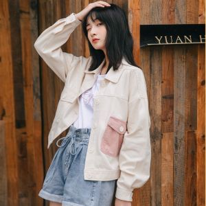 Áo Khoác Denim Nữ Dáng Rộng Thời Trang Phong Cách Harajuku Mùa Thu Xuân Áo Khoác Bóng Chày Tay Dài Cổ Polo Cài Nút