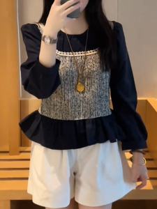 QINGNAER | French Vintage Colorblock Sparkle Vest Shirt