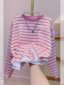 Elegant Stylish Soft Round Neck Pink Striped Sweater