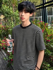OUMULONG | Striped Youth Cleanfit Short Sleeve T-Shirt Small Collar