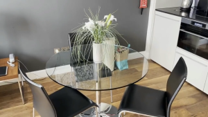 Round Glass Dining Table with Chrome Base Decorative Narrow Round Tempered Glass Cocktail Table Clear Black Wood Table