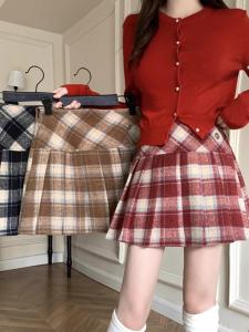 Red Plaid Woolen Mini Skirt Womens High Waist A-Line Wrap Body Pleated Skirt Christmas New Year Fashion Short Skirts