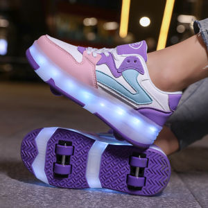 Flashy Four-Wheel Transformable Shoes for Children with Lights Walking And Skating Wheels Adjustable Design Kids High Aesthetic Value