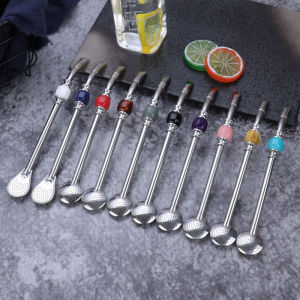 Premium Stainless Steel 304 Mate Tea Spoon Coffee Milk Tea Cold And Hot Drink Filter Straw Spoon Detachable with Bead