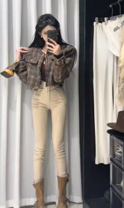 High Waist Elastic Khaki Color Denim Pants Womens Slim Fit Nine Points Pencil Jeans Three Row Buttons Stylish Casual Trousers