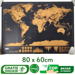 Poster Sticker Hiasan Dinding Peta Dunia Klasik Classic Vintage Scratch Map Bisa Digesek Koin Ukuran Besar 80x60cm